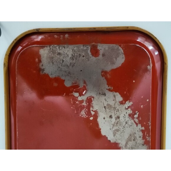 Vintage Red Metal Tray Mustard Yellow Daffodils Green Leaves 14" x 9" - Picture 3 of 12